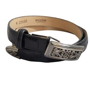 Brighton‎ Black Croc Embossed Leather Belt Silver Filigree Plate Buckle M